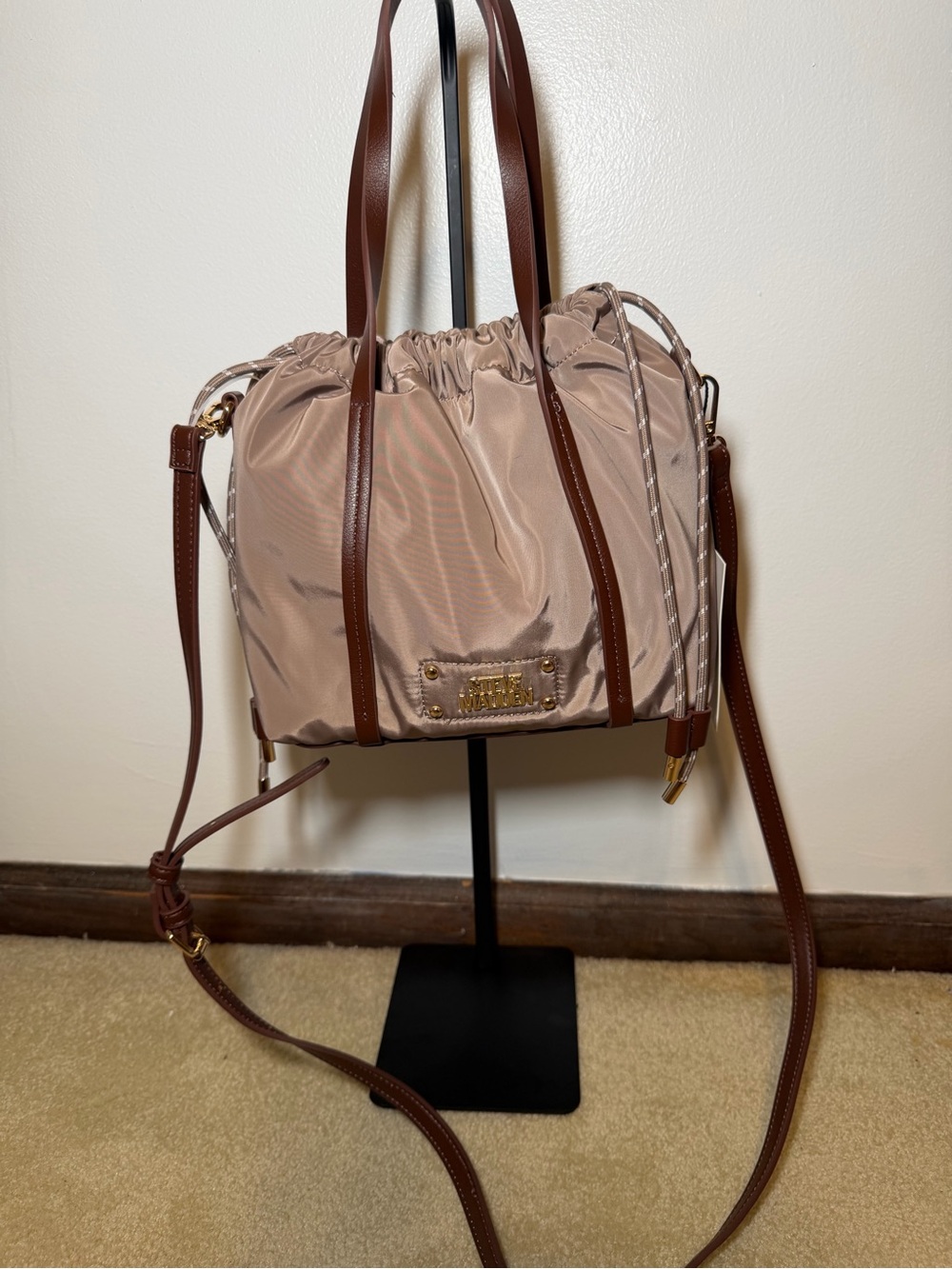 Michael Kors Taupe Drawstring Shoulder Bag with Brown Trim